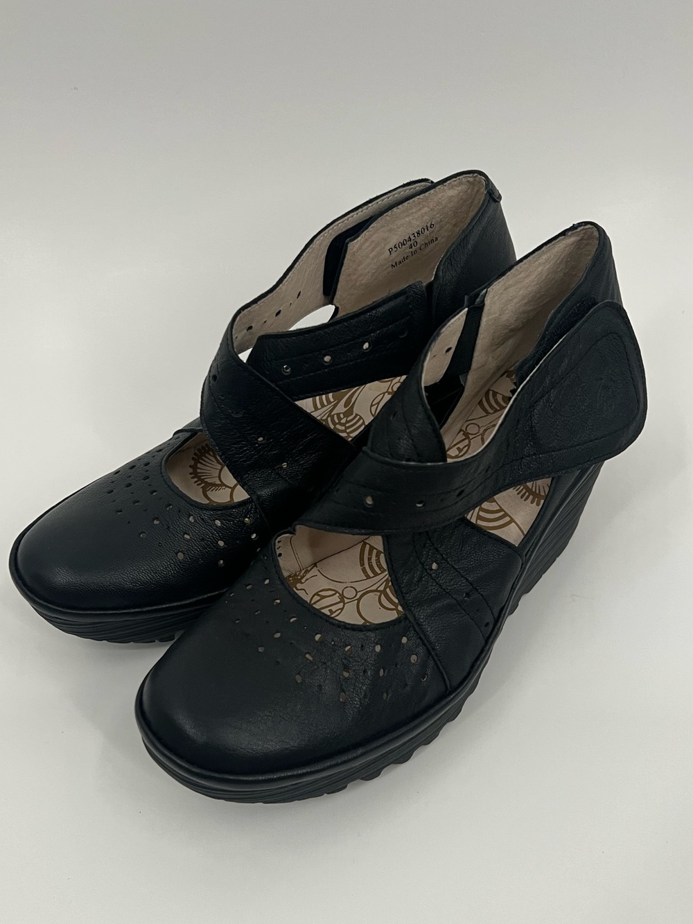 Fly London Yepe Black Leather Cross-Strap Wedge Mary Jane